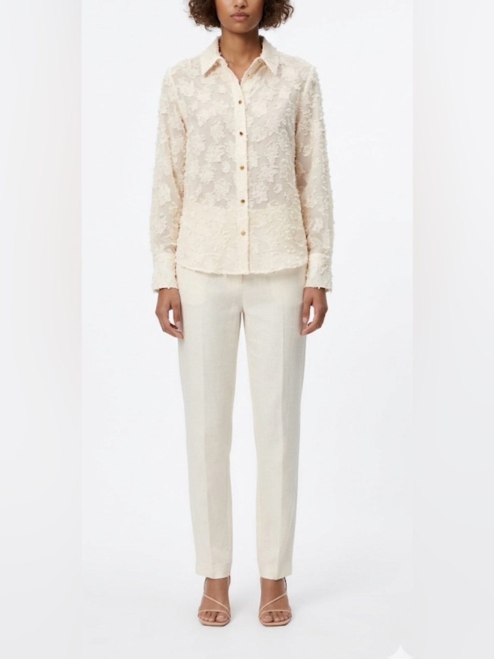 Zara Cream Contrast Semi-Sheer Collared Shirt Size S
